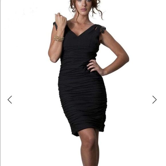 NWOT JS Collections black ruched cocktail lbd dress 4p - Picture 1 of 8